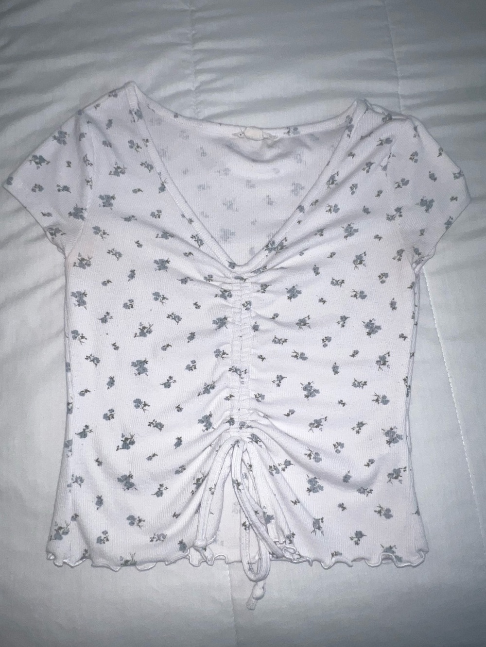 White Floral Ruched Drawstring Women's Top